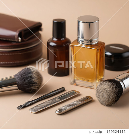 Mens Grooming and Skincare Set on Calming Background  Minimalist Beauty Concept 129324113