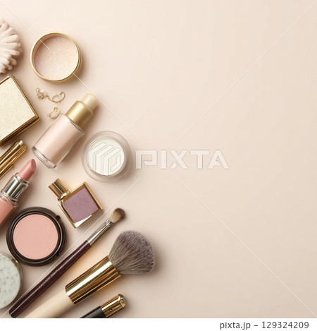 Elegant Makeup and Skincare Accessories on Soft Background with Flowers 129324209