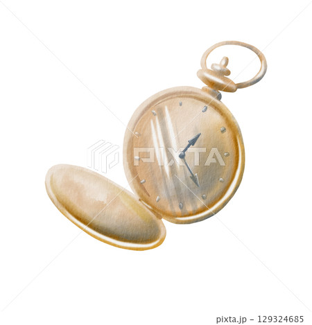 Vintage gold pocket watch with open cover showing time. Hand drawn watercolor illustration isolated on white for classic, luxury, or steampunk designs, invitations, branding Vintage gold pocket watch with open cover showing time. Hand drawn watercolor illustration isolated on white for classic, luxury, or steampunk designs, invitations, branding 129324685