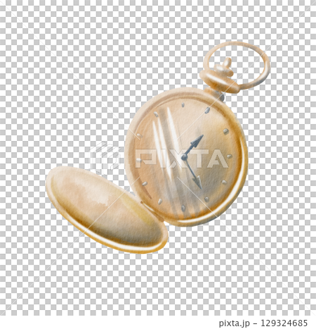 Vintage gold pocket watch with open cover showing time. Hand drawn watercolor illustration isolated on white for classic, luxury, or steampunk designs, invitations, branding Vintage gold pocket watch with open cover showing time. Hand drawn watercolor illustration isolated on white for classic, luxury, or steampunk designs, invitations, branding 129324685