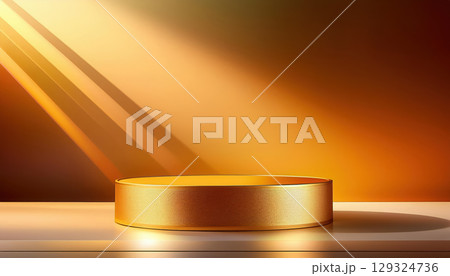 bright empty room featuring gold pedestal display on vivid background, creating warm and inviting atmosphere 129324736