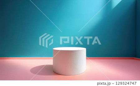 bright empty room featuring white pedestal display on vivid background, creating serene and modern atmosphere 129324747