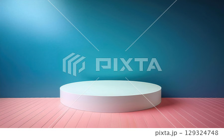 bright empty room featuring white pedestal display on vivid background, creating serene and modern atmosphere 129324748