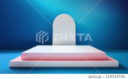 bright empty room featuring white pedestal display on vivid background, creating modern and artistic atmosphere 129324749