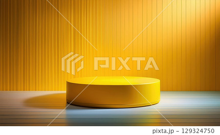bright yellow pedestal display in empty room with vivid background. scene evokes sense of modernity and simplicity 129324750