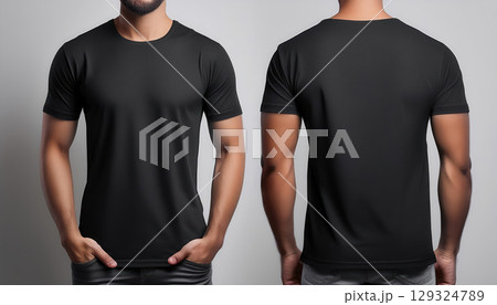 Stylish black t shirt mockup displayed front and back against minimalist background 129324789