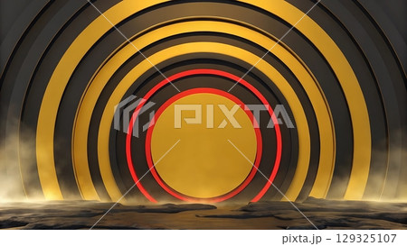 Mysterious Abstract Passage of Concentric Circles Extending into Depth Over Misty Landscape with Dramatic Texture 129325107