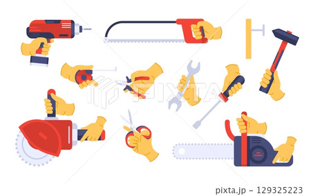 Hand holding tool. Repair tools in hands. Cartoon workers arms hold construction hardware, building electric instrument, drill, pliers, jigsaw, screwdriver, machines. Vector set 129325223