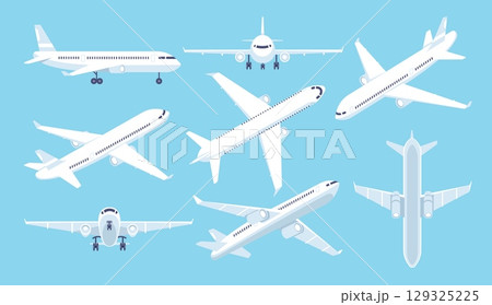 Airplanes. Aircraft plane flight. Planes in different positions, in top view, front and side views, in various angles. Aviation, cargo service, passenger transportation. Vector set 129325225