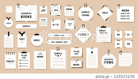 Simple note frames. Japanese style memos. Minimal stationery with layouts. Notebooks and memo papers, lined, grid, blank pages, memory stickers. Organization and writing vector set 129325230