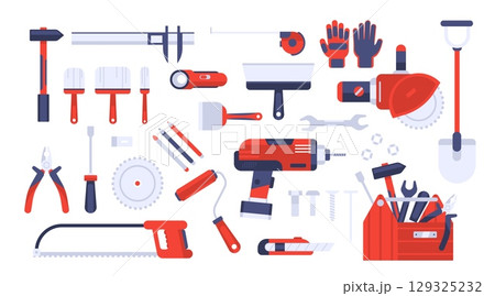 Construction tools. Building equipment. Building, carpentry, masonry, electrical, renovation work. Hammers, screwdrivers, wrenches, pliers, handsaws, drills, circular saws. Vector set 129325232
