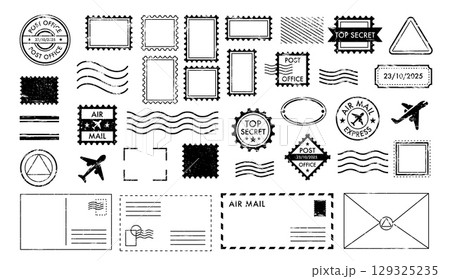 Postage stamps. Vintage mail stamp. Postal and decorative blank templates. Postmarks and cachets with perforated edges in various shapes for mail envelope, post office stamp. Vector set 129325235