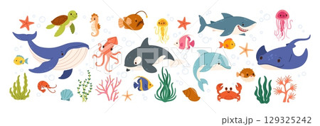 Underwater animal. Sea and ocean fish. Cartoon cute marine water fish, octopus, whale, shark, crab, jellyfish, turtle, seahorse, coral, algae. Underwater wildlife. Vector set 129325242