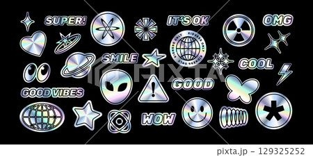 Holographic stickers. Y2K hologram metallic patch. Retro funny 2000s iridescent foil effect elements, neon gradients, metallic reflections. Butterfly, heart, star. Vector label set Holographic stickers. Y2K hologram metallic patch. Retro funny 2000s iridescent foil effect elements, neon gradients, metallic reflections. Butterfly, heart, star. Vector label set 129325252