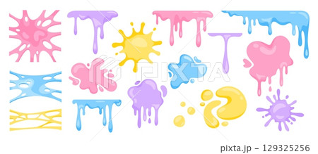 Chewing gum. Bubble gum splashes. Fruity sweet chewy bubblegum. Pink, blue, purple candy, slimy stains, gum stretchy shapes, jelly sticky forms, gummy splash effects. Vector set Chewing gum. Bubble gum splashes. Fruity sweet chewy bubblegum. Pink, blue, purple candy, slimy stains, gum stretchy shapes, jelly sticky forms, gummy splash effects. Vector set 129325256