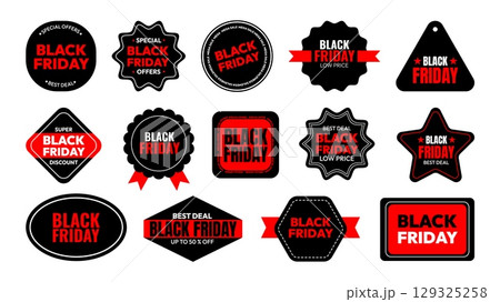 Black Friday labels. Sale stickers. Promotional tags for discounts, deals, shopping events. Black, red emblems, stamps, badges with promotion sale offer text. Vector coupon set Black Friday labels. Sale stickers. Promotional tags for discounts, deals, shopping events. Black, red emblems, stamps, badges with promotion sale offer text. Vector coupon set 129325258