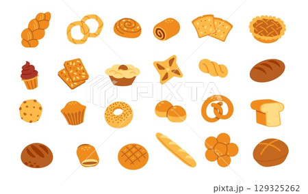 Bakery products. Fresh bread. Simple cartoon homemade pretzel, ciabatta, bun, dough, cookies, slice toast, loaf of bread. Various sorts bakered goods for cafe menu, posters. Vector set Bakery products. Fresh bread. Simple cartoon homemade pretzel, ciabatta, bun, dough, cookies, slice toast, loaf of bread. Various sorts bakered goods for cafe menu, posters. Vector set 129325262