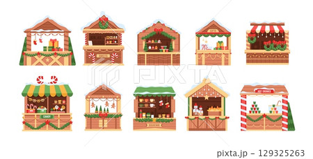 Christmas market. Cartoon holiday fair. Traditional winter festival. Wooden stalls with string light, garland, festive decoration. Kiosk with food, drinks, souvenirs, gifts. Vector set Christmas market. Cartoon holiday fair. Traditional winter festival. Wooden stalls with string light, garland, festive decoration. Kiosk with food, drinks, souvenirs, gifts. Vector set 129325263