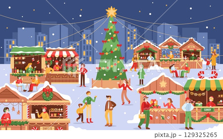 Christmas fair with people. X-mas market on city square. Winter outdoor celebration on street with Christmas tree. Town festive scene with families. Festival shopping. Vector concept 129325265