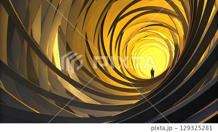 Golden Spiral Tunnel With Lone Figure and Emotional Atmosphere Golden Spiral Tunnel With Lone Figure and Emotional Atmosphere 129325281