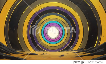 Optical Illusion of Depth Created by Concentric Rings and Glowing Center Over Rugged Ground Under Starry Sky 129325282