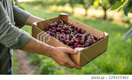 Person holding a box filled with fresh cherries in an outdoor environment 129325462