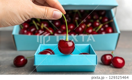 Hand holding cherry above blue box filled with cherries on gray surface 129325464
