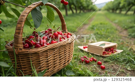 basket filled with fresh red cherries in an orchard on a sunny day light 129325468