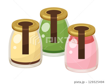 瓶に入ったプリンのイラスト_カスタードと抹茶と苺 瓶に入ったプリンのイラスト_カスタードと抹茶と苺 129325494