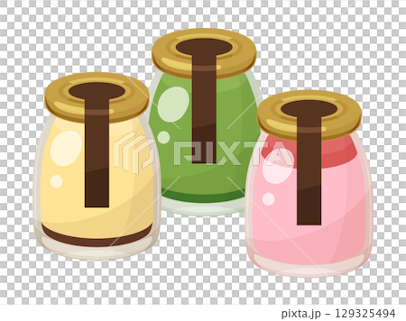 罐裝布丁插畫_卡仕達醬、抹茶和草莓 129325494