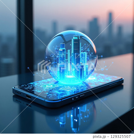 Futuristic city inside smartphone display 129325507