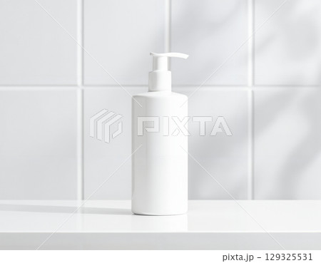 white cosmetic container on white shelf white cosmetic container on white shelf 129325531