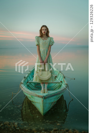 A woman is standing in a boat in the water 129326226