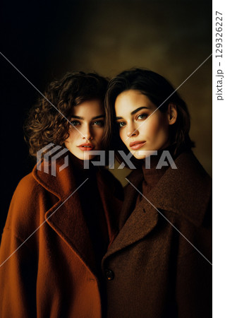 Two women are standing next to each other, both wearing brown coats 129326227