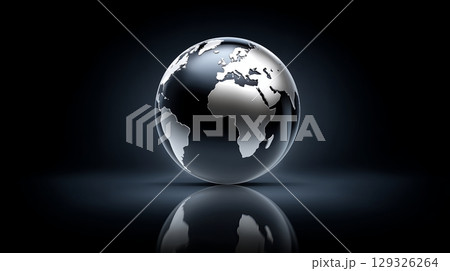 Globe shaped like a metallic sphere reflecting light and shadows 129326264
