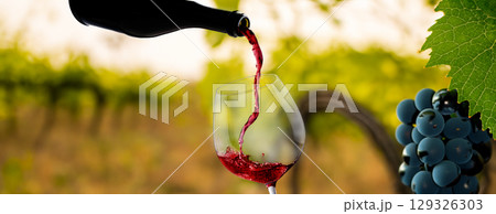 Wine glass with pouring red wine Wine glass with pouring red wine 129326303