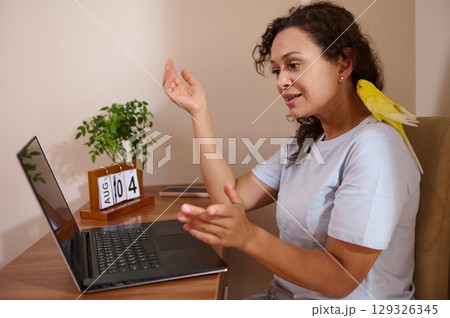 Woman Engaged in Remote Work with Parrot at Home Office Desk Woman Engaged in Remote Work with Parrot at Home Office Desk 129326345