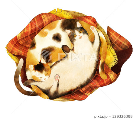 籠の中で仲良くくっつく猫たちのイラスト 129326399