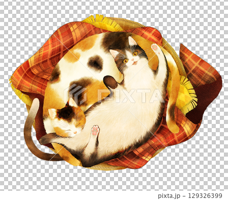 籠の中で仲良くくっつく猫たちのイラスト 129326399