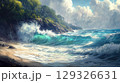 A large wave breaking on a sandy beach with a cliff and green trees in the background. 129326631