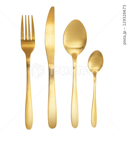 Golden cutlery set with fork, knife and spoons on transparent background Golden cutlery set with fork, knife and spoons on transparent background 129326673