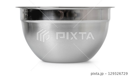 Shiny stainless steel mixing bowl on white surface Shiny stainless steel mixing bowl on white surface 129326729