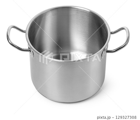 Empty stainless steel cooking pot with handles on white background 129327308