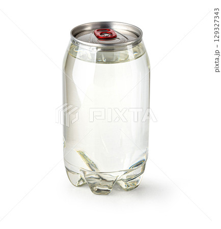 Transparent plastic can with clear liquid and red ring pull on white background 129327343