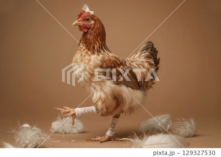 A surreal and humorous portrait of a chicken as an elegant ballerina. The hen poses delicately on one leg, adorned with lace, creating a charming and unexpected artistic statement. 129327530