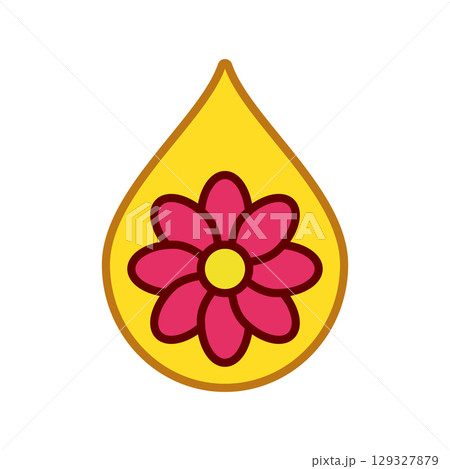 Pink flower inside a drop oil. Vector logo and icon. Cosmetics and perfumery. Isolated illustration on white background. 129327879