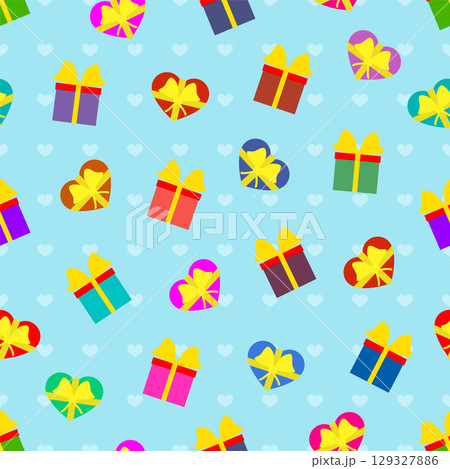 Gifts boxes and hearts with ribbon bow. Vector festive background seamless repeating pattern. Editable template. Gifts boxes and hearts with ribbon bow. Vector festive background seamless repeating pattern. Editable template. 129327886