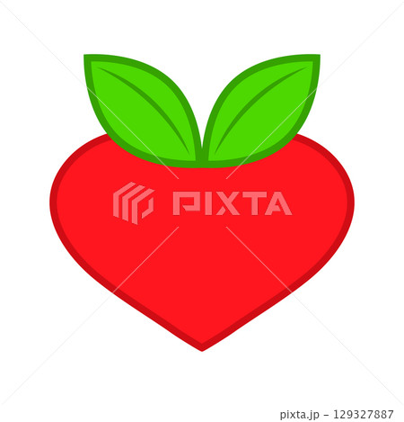 Red heart with green leaves. Vector illustration. Fruit, vegetable or berry in the shape of a heart. Isolated on white background. 129327887