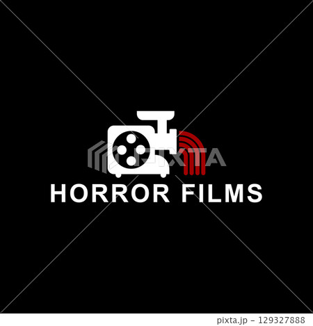 Horror films logo with electric meat grinder illustration and red mince. Vector drawing on black background. Horror films logo with electric meat grinder illustration and red mince. Vector drawing on black background. 129327888