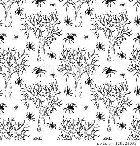 Seamless drawing of an ominous forest with spiders. Insect phobia. Monochrome print for Halloween celebrations. Doodle-style outline drawings. Pattern for packaging, clothing, and book covers. 129328035
